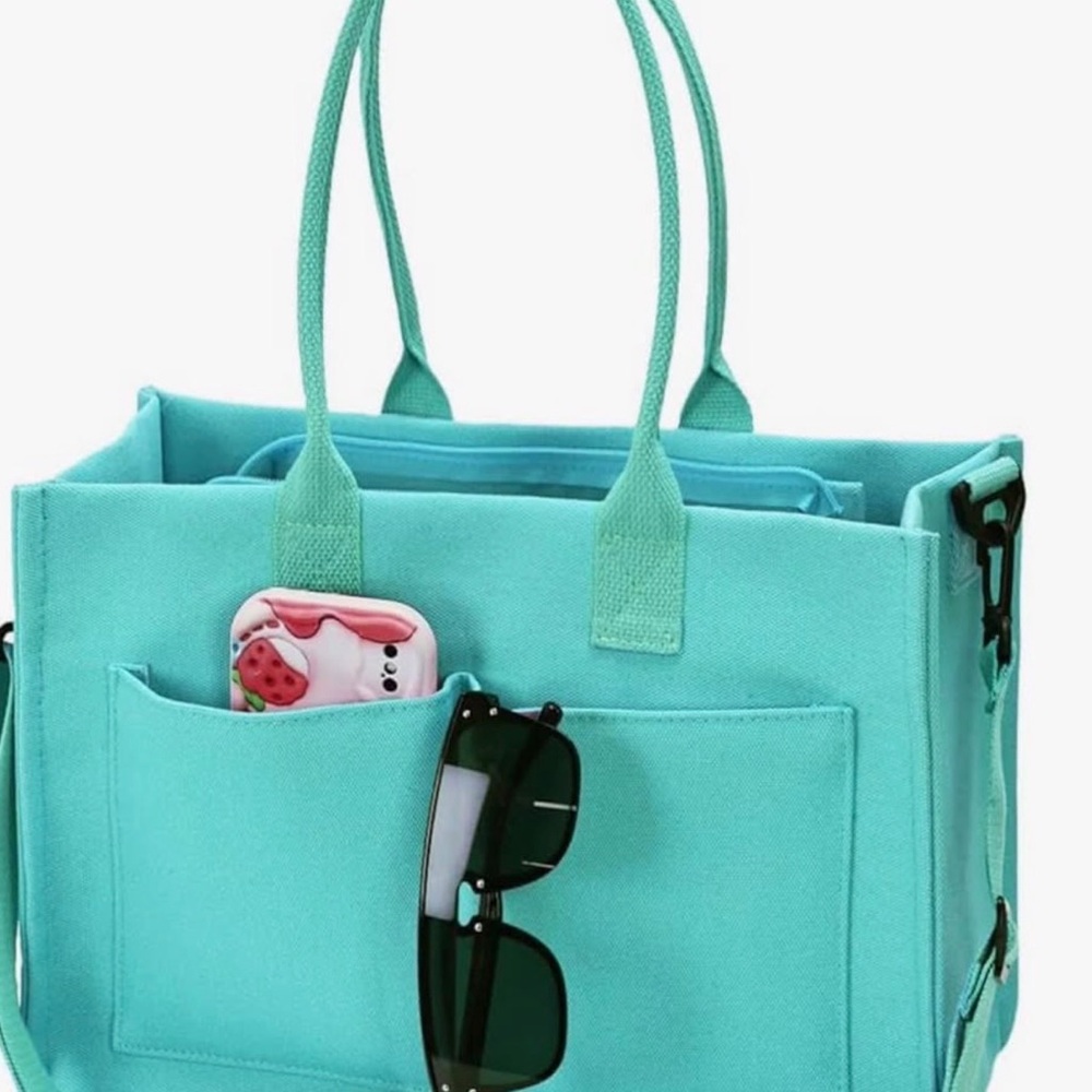 Turquoise Canvas Tote Bag with Front Pocket - Women's Bag